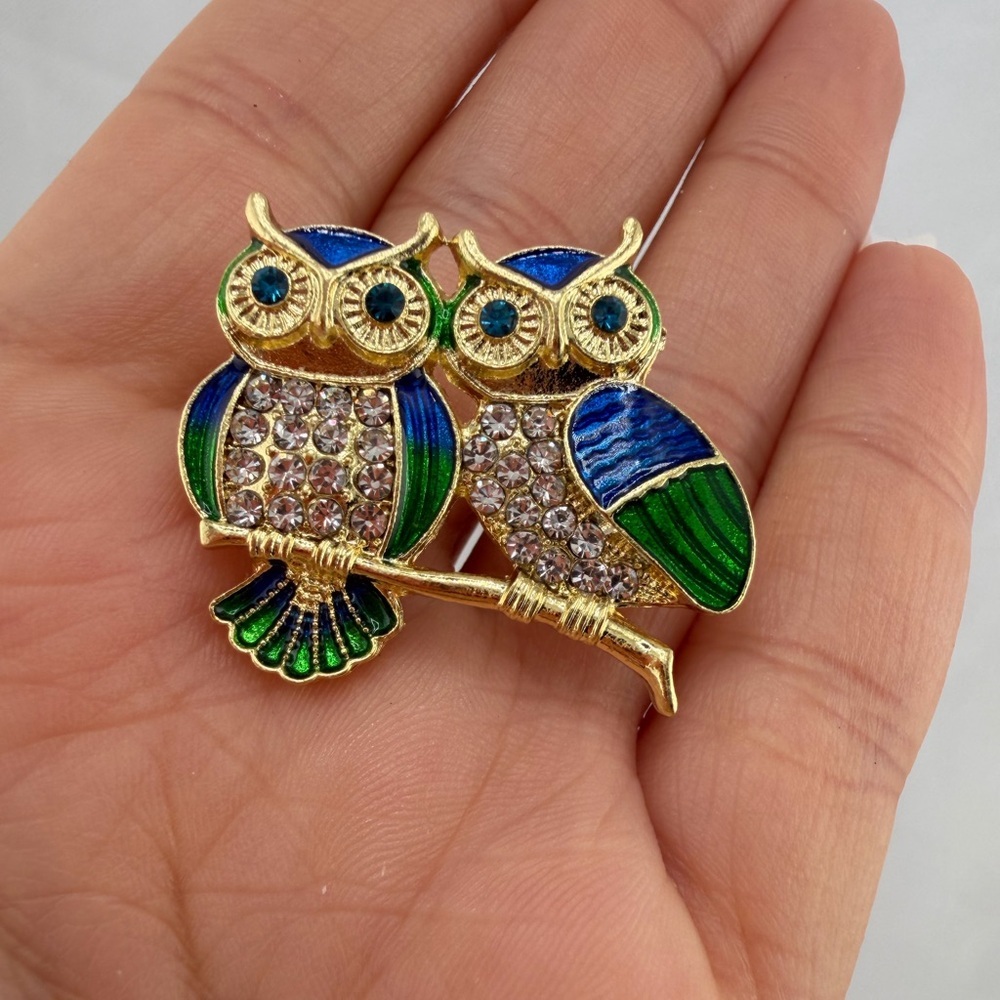 Vintage Crystal Owl Brooch Gold Tone Enamel Statement Pin